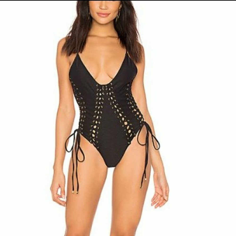 Blue life one piece black swimsuit laceup detail